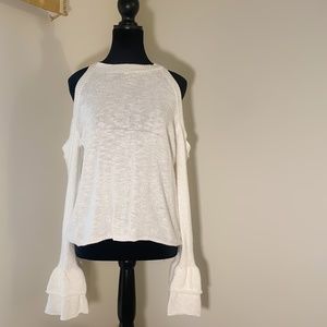 White Cold Shoulder Sweater w/ Flare Sleeves